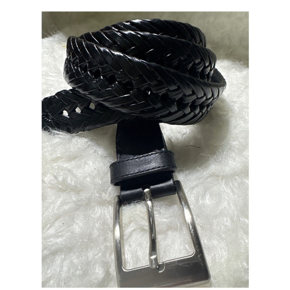 TIGN Belt Mens 44 Braided Woven Black Leather Tab 17BK0402 Classic Casual